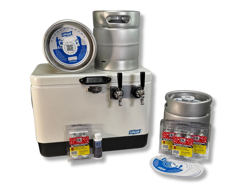 Cooler with beer kegs and accessories on a white background, coldone duo holiday bundle with extra kegs and extra co2