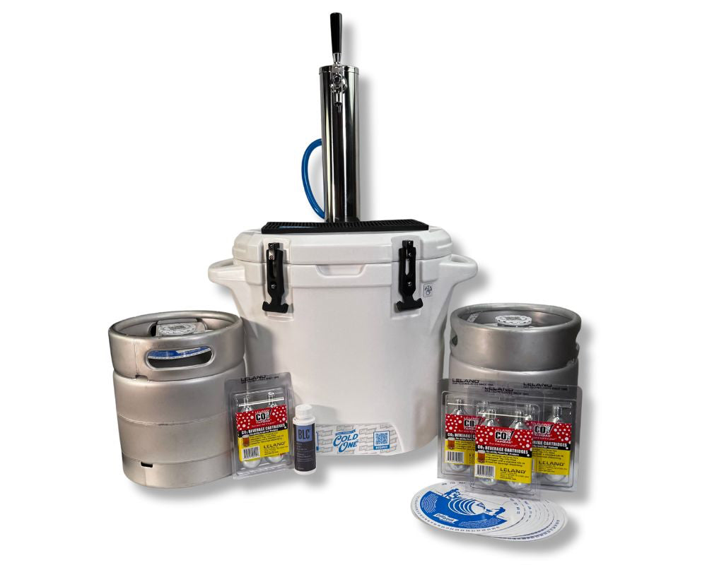 Coldone holiday bundle with extra keg and extra co2, dispensing equipment on a white background, from Coldbreak.