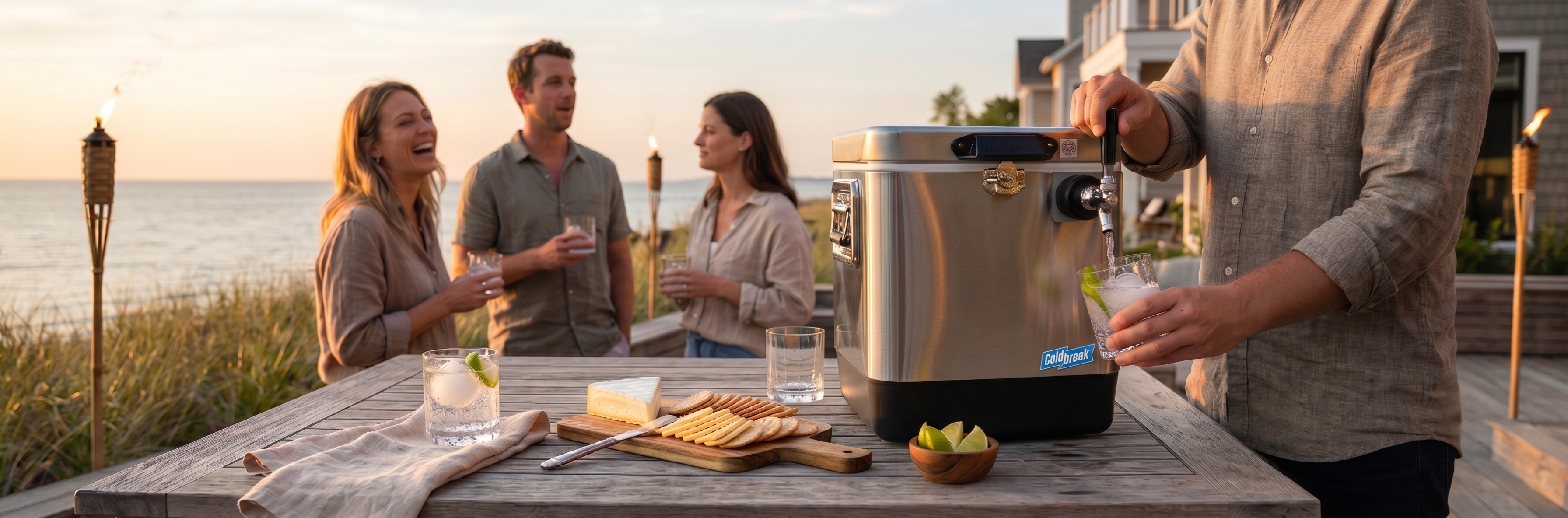 People enjoying a sunset by the ocean with a ColdOne Go draft cooler on a wooden table.