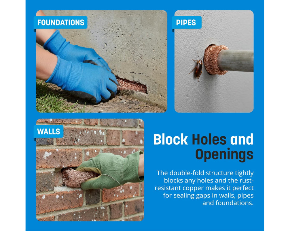 Collage of images showing hands working on foundations, pipes, and walls with text about blocking holes and openings. Coldbreak Copper Mesh, 100% Pure Copper