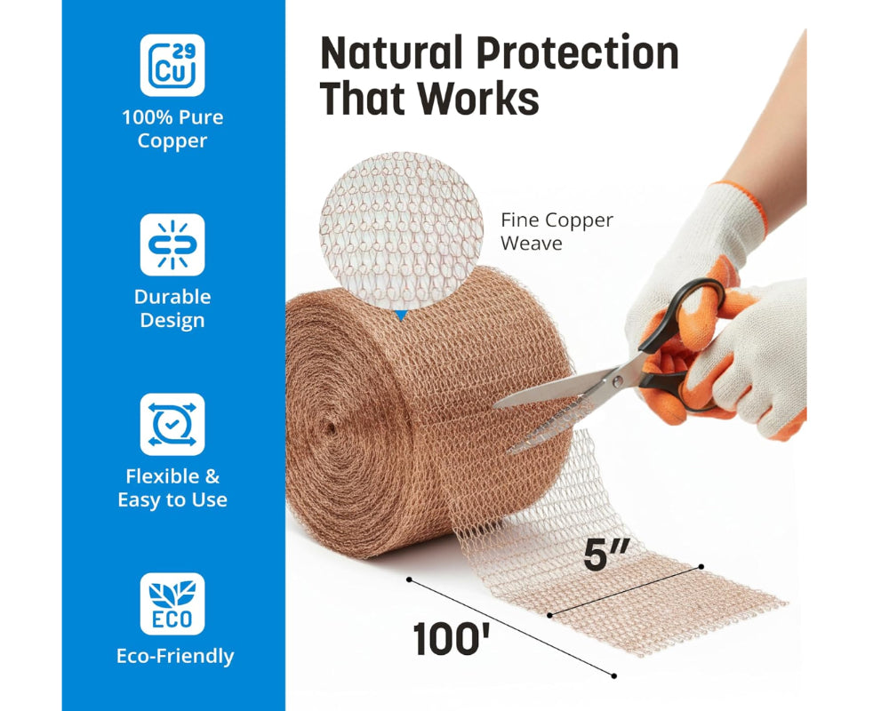 Roll of copper mesh with scissors and a hand wearing a glove, featuring text about natural protection and product features. Coldbreak Copper Mesh, 100% Pure Copper