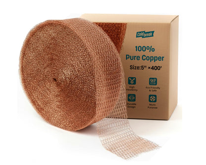 Roll of copper mesh with packaging on a white background, Coldbreak Copper Mesh, 100% Pure Copper