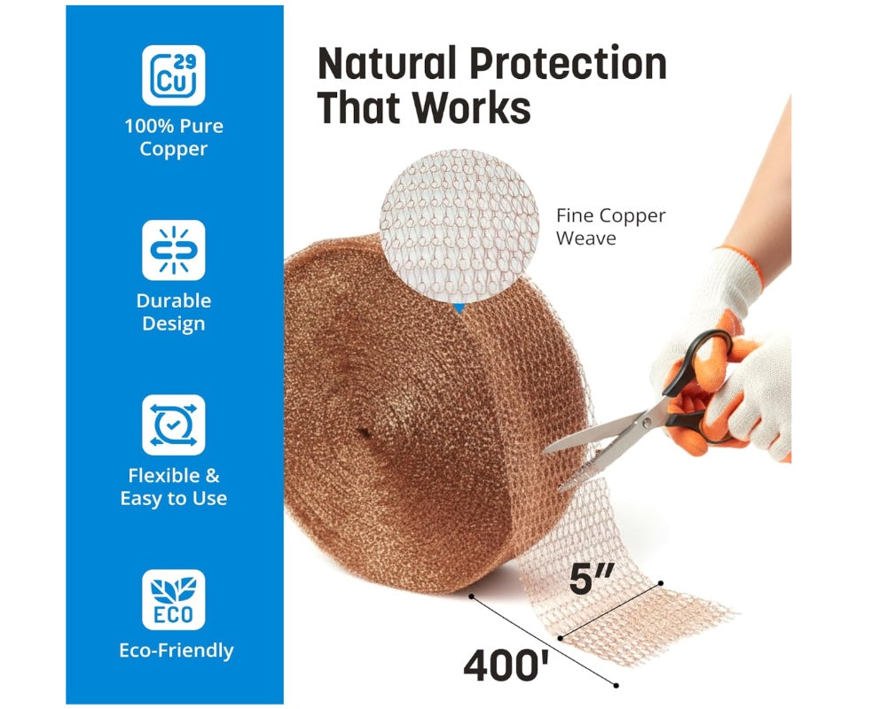 Roll of copper mesh with a person cutting it using scissors, labeled with features like '100% Pure Copper', 'Durable Design', 'Flexible & Easy to Use', and 'Eco-Friendly'. Coldbreak Copper Mesh, 100% Pure Copper
