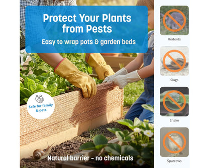 Product advertisement for pest protection for plants, showing hands wrapping a natural barrier around a garden bed. Coldbreak Copper Mesh, 100% Pure Copper