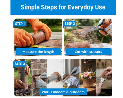Steps for using a product with text 'Simple Steps for Everyday Use' at the top. Coldbreak Copper Mesh, 100% Pure Copper