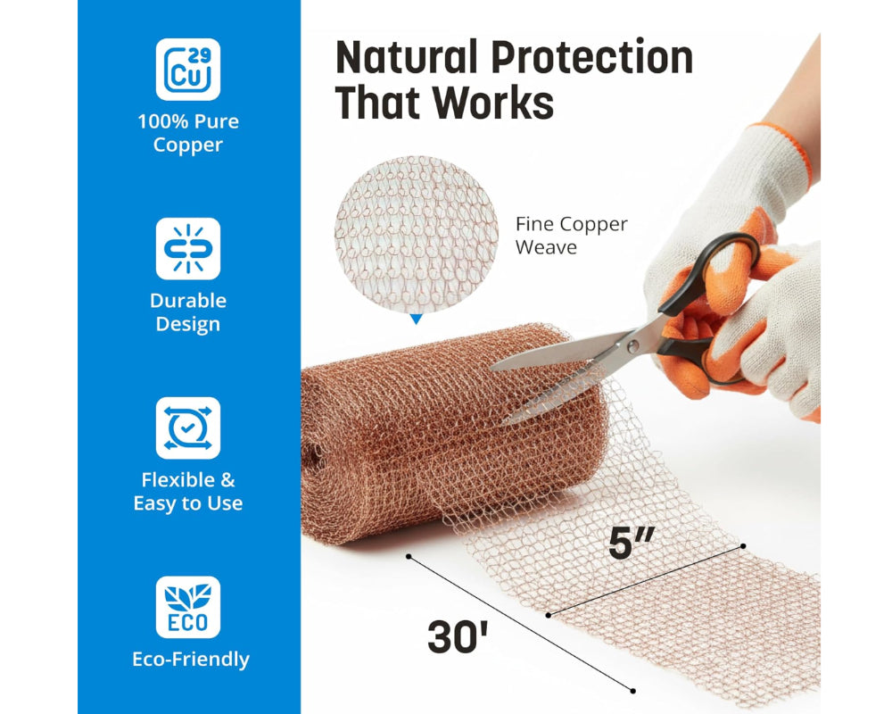 Roll of mesh with scissors and gloves, featuring text on natural protection and product features. Coldbreak Copper Mesh, 100% Pure Copper
