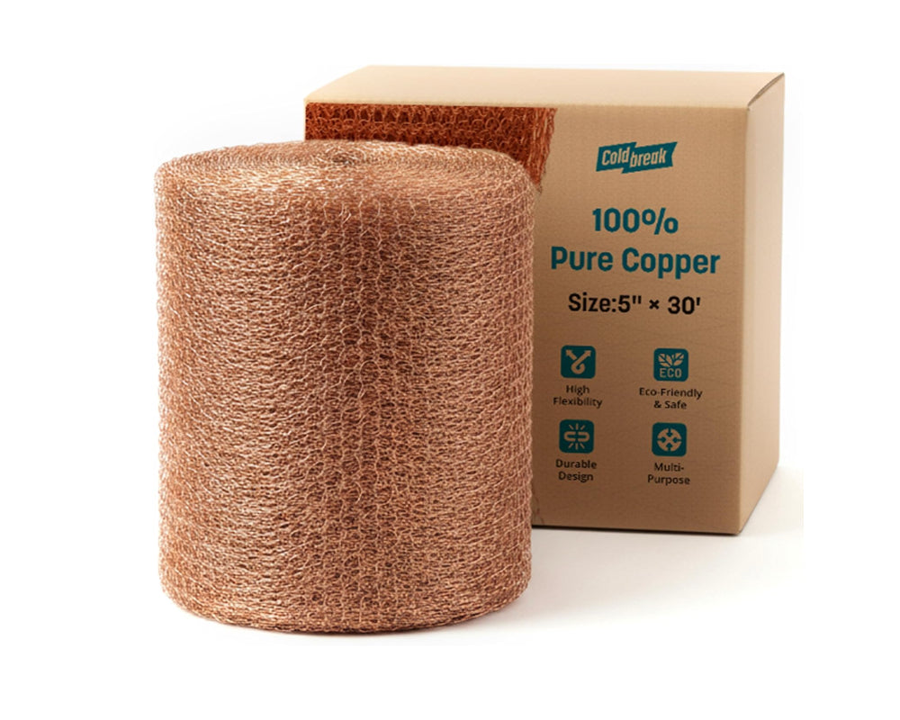 Roll of pure copper wire next to its packaging box on a white background, Coldbreak Copper Mesh, 100% Pure Copper