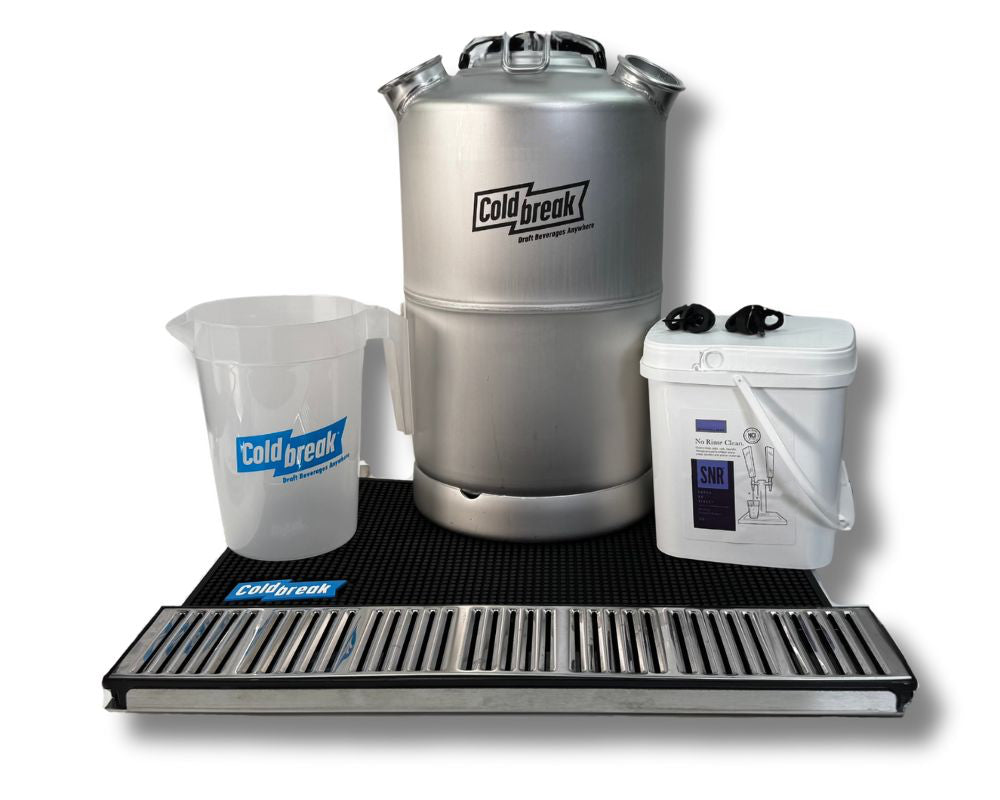 Brewing equipment set with a large silver tank, smaller white container, and measuring cup on a white background. Jockey box pour more holiday bundle