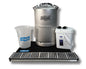 Brewing equipment set with a large silver tank, smaller white container, and measuring cup on a white background. Jockey box pour more holiday bundle