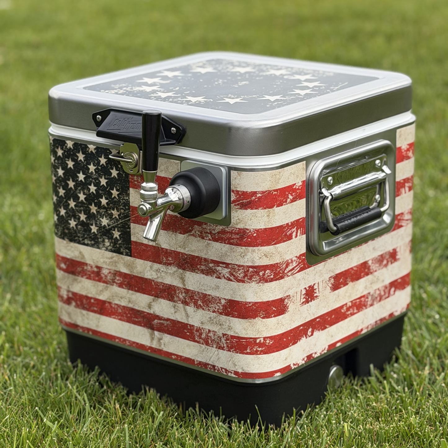 ColdOne Go draft cooler with American flag design on grass