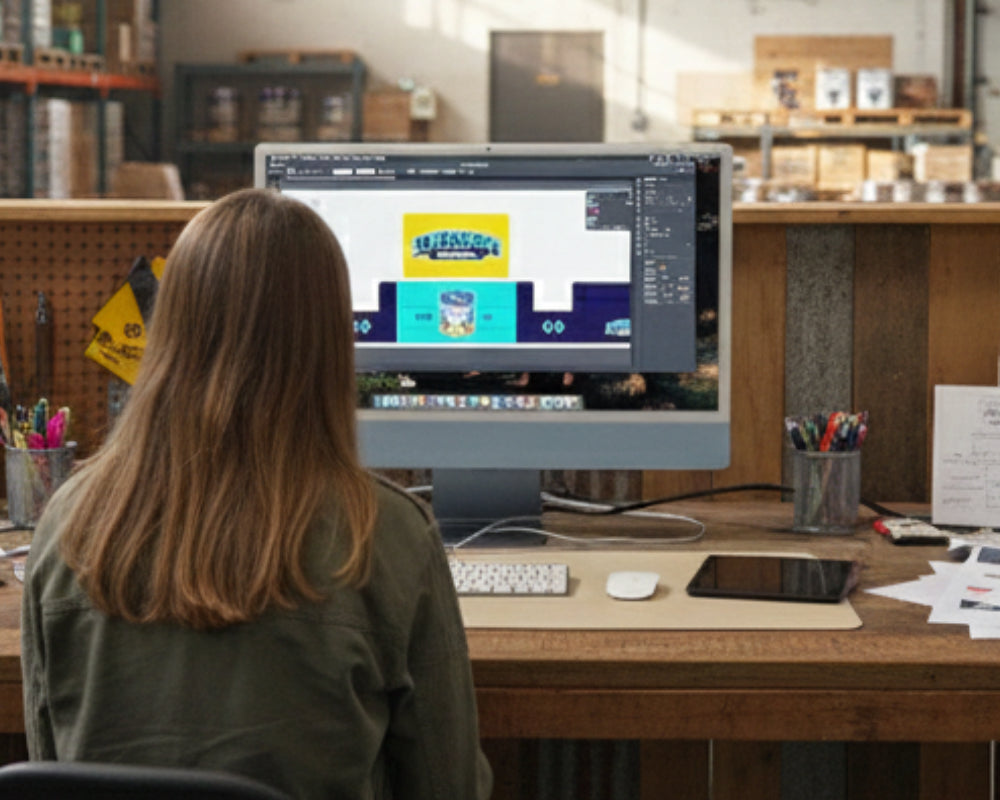 Person sitting at a desk using a computer with a design software open on the screen.
